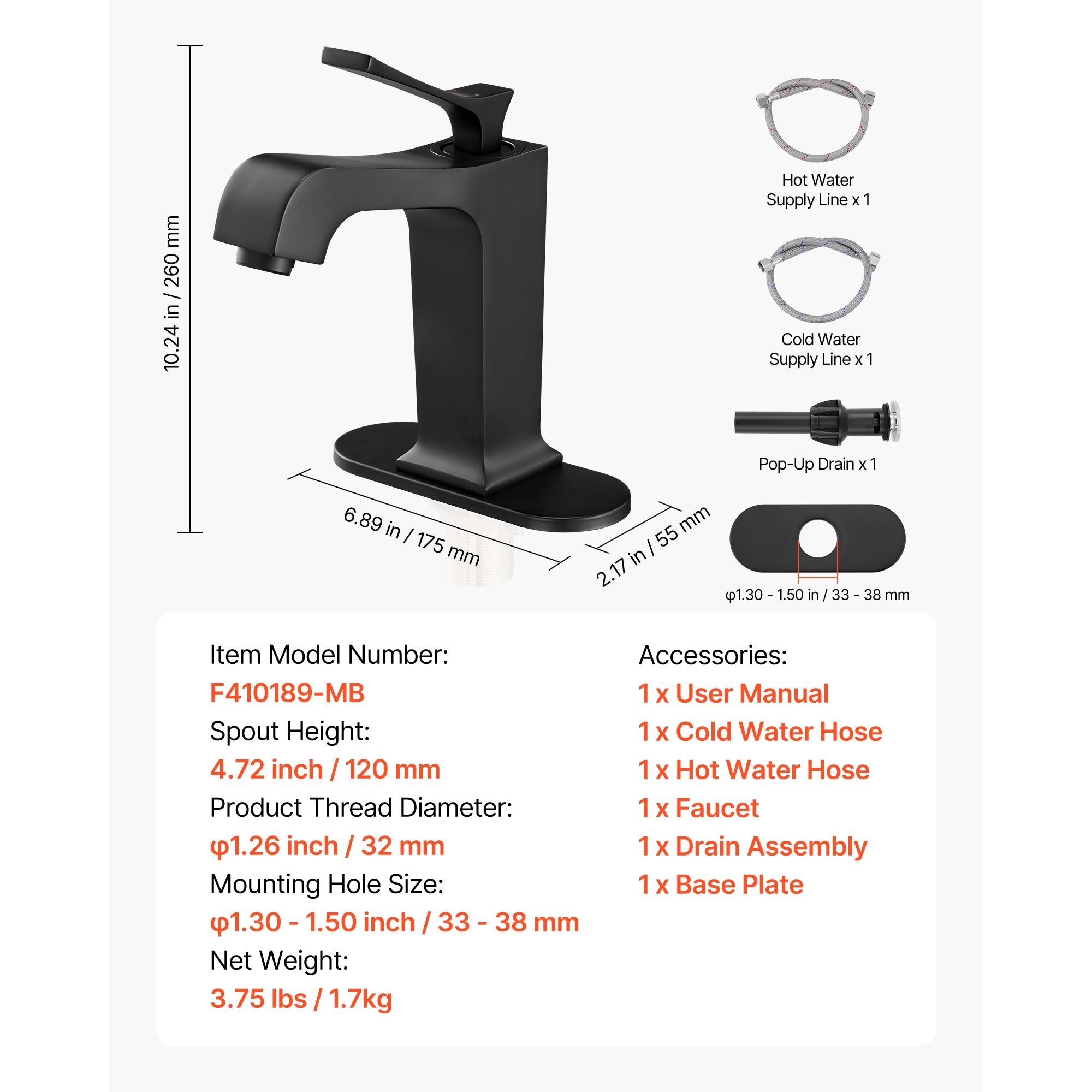 Matte Black Basin Faucet With Waterfall Spout And Sink Drain_voghion.com